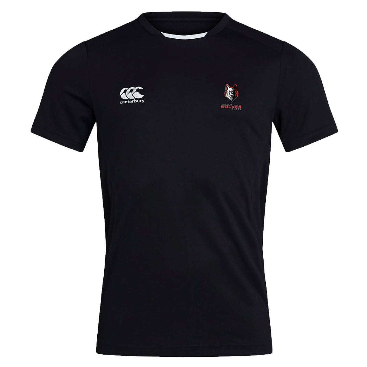 The Lincoln Wolves Club Dry Tee by EMB Canterbury is a black short-sleeve shirt with a white Canterbury logo on the right chest and a "WOLVES" wolf head emblem on the left, featuring Vapodri Technology for breathability.