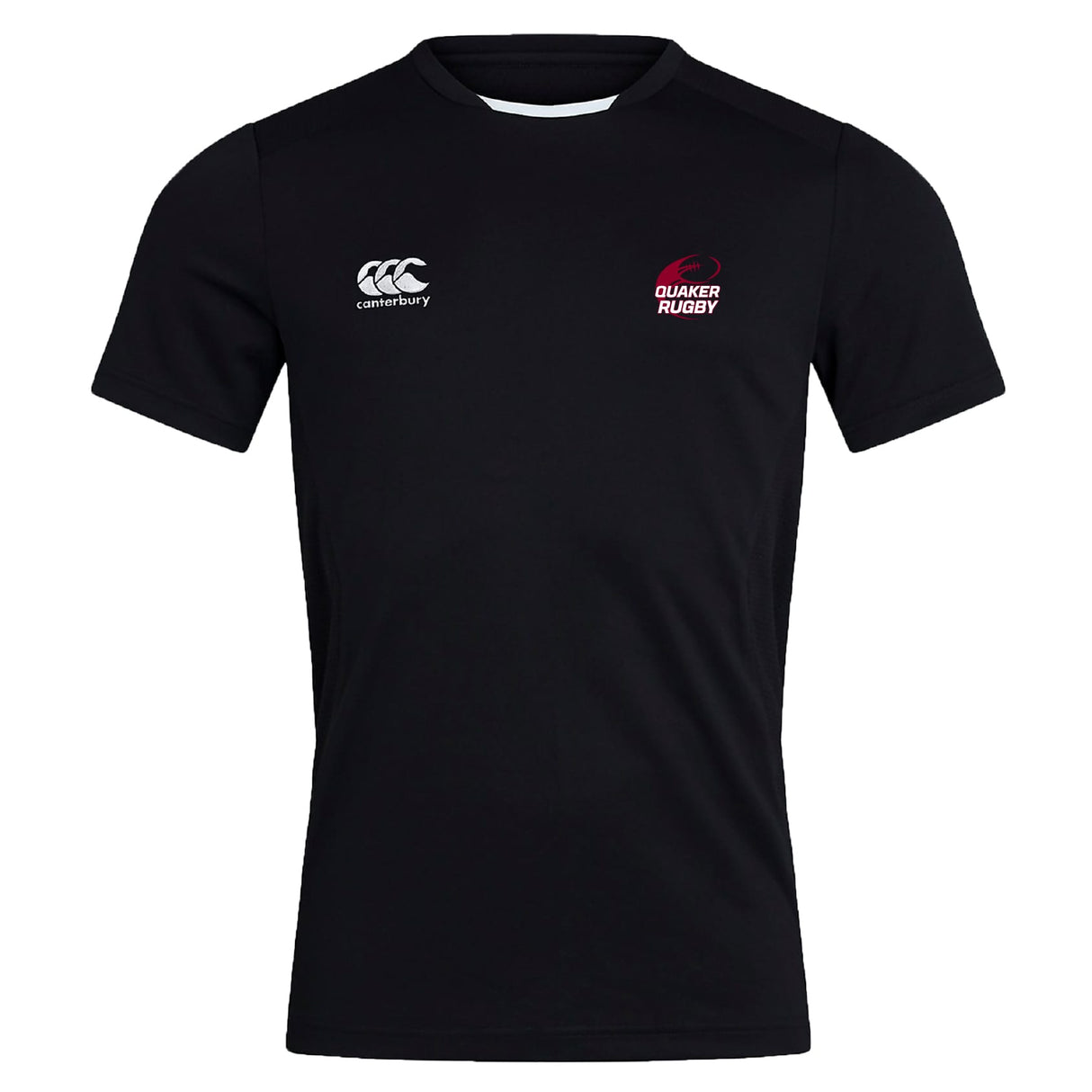 The Guilford College Women's Elite Training Tee by WRS Canterbury is a black, short-sleeve top with Canterbury and Quaker Rugby logos on the chest. This breathable tee is ideal for intense workouts, shown here against a white background.