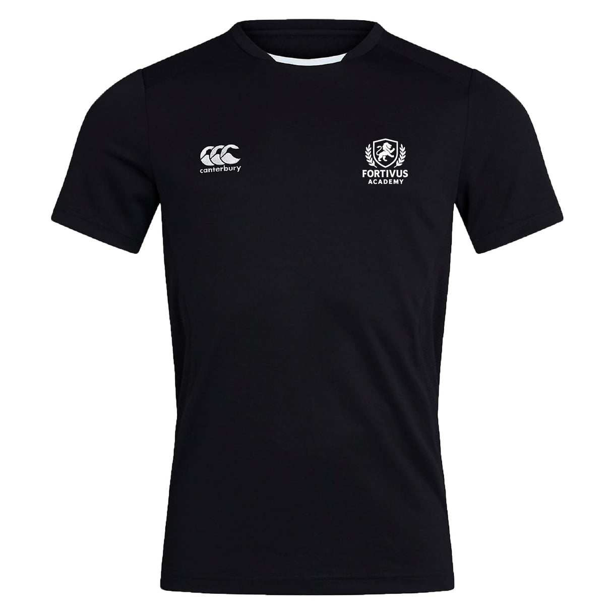 The Fortivus Academy Club Dry Tee by EMB Canterbury is a black short-sleeve shirt with Vapodri Technology, a white Canterbury logo on the right chest, and the Fortivus Academy crest on the left.