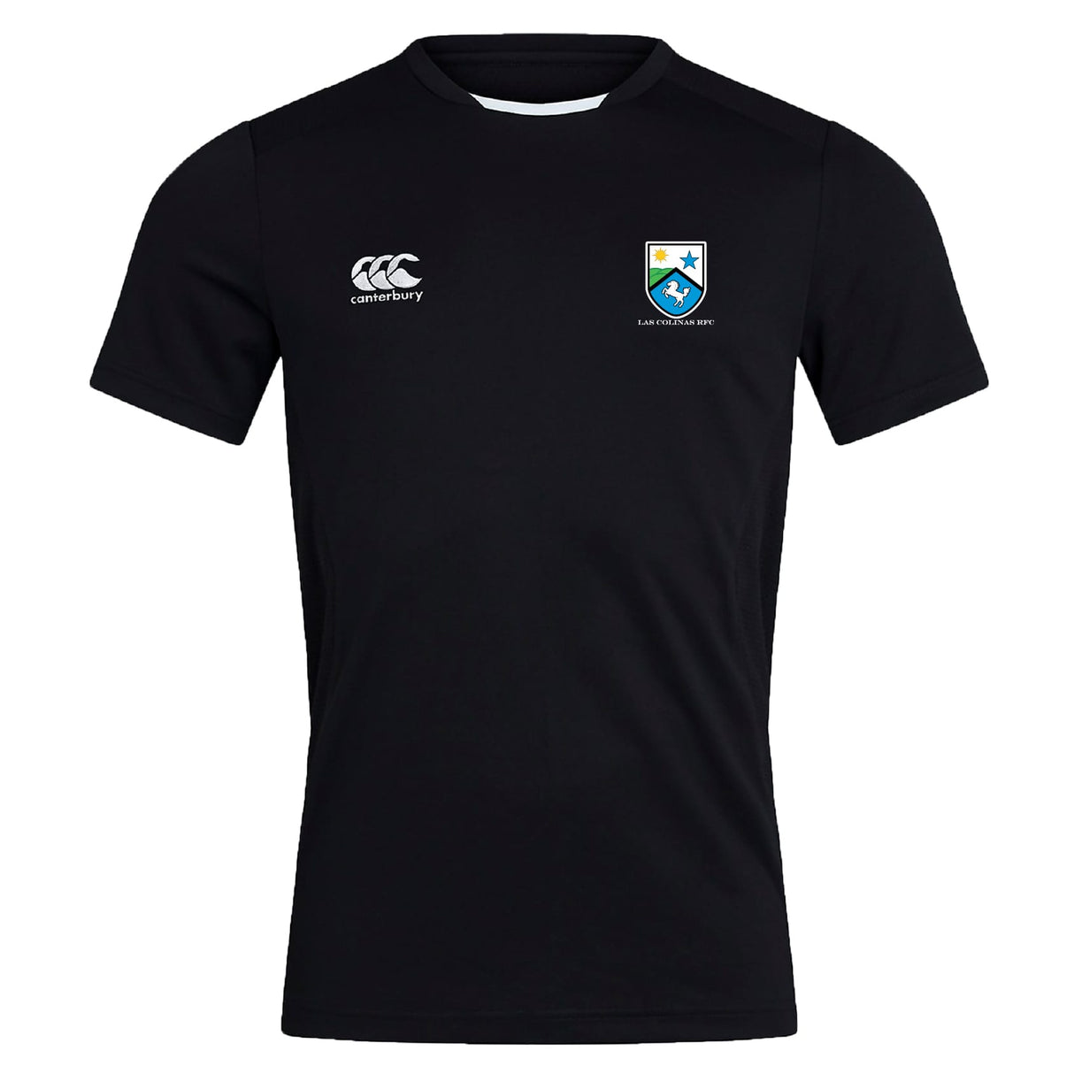 The Las Colinas Rugby Club Dry Tee by EMB Canterbury is a black short-sleeved shirt with a white Canterbury logo on the right chest and a blue/yellow crest on the left, designed for breathable comfort during workouts.