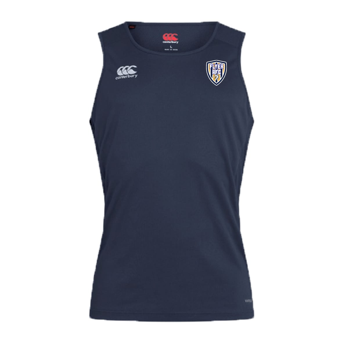 The Franklin County High School Rugby Club Dry Singlet by EMB Canterbury is a navy sleeveless athletic shirt with club crest and brand logos on the chest, made with Vapodri Technology for comfort—perfect for performance.