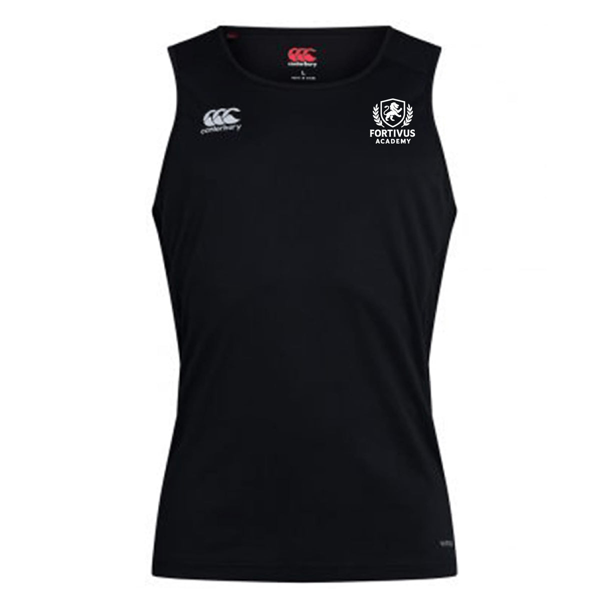 The Fortivus Academy Club Dry Singlet by EMB Canterbury is a sleeveless black athletic top with the Fortivus Academy logo on the left chest, Canterbury logo on the right, and Vapodri Technology for enhanced performance.