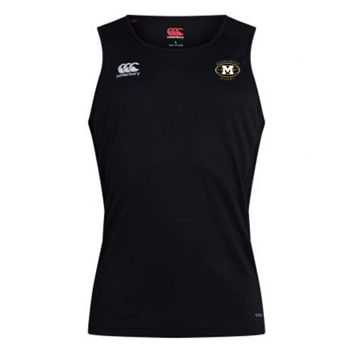 The Monarch Rugby Club Club Dry Singlet by EMB Canterbury is a black, sleeveless top with the Canterbury logo on the right chest and a circular "M" logo on the left—ideal for your athletic gear collection.