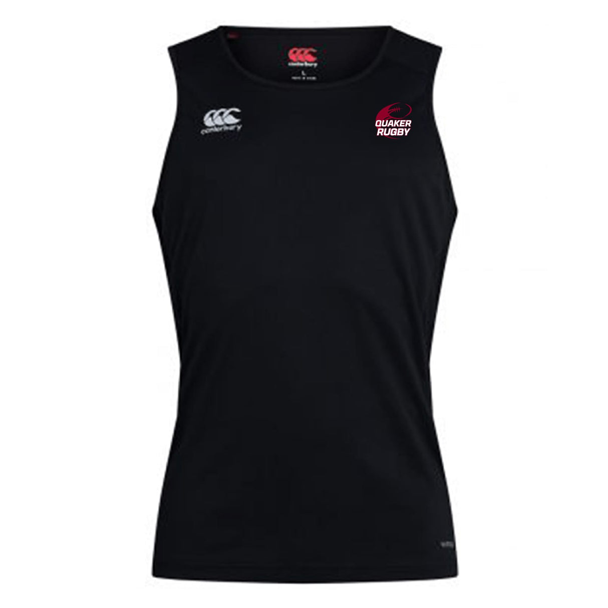 The Guilford College Club Dry Singlet by EMB Canterbury features Vapodri technology, a black design, the Canterbury logo on the right chest, and a Quaker Rugby logo on the left—perfect athletic gear.