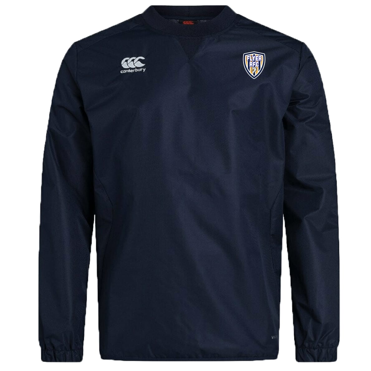 The Franklin County High School Rugby Club Vaposhield Contact Top by Canterbury is a navy long-sleeve top with Vaposhield tech, an EMB Canterbury logo on the right chest, and a shield-shaped badge on the left.