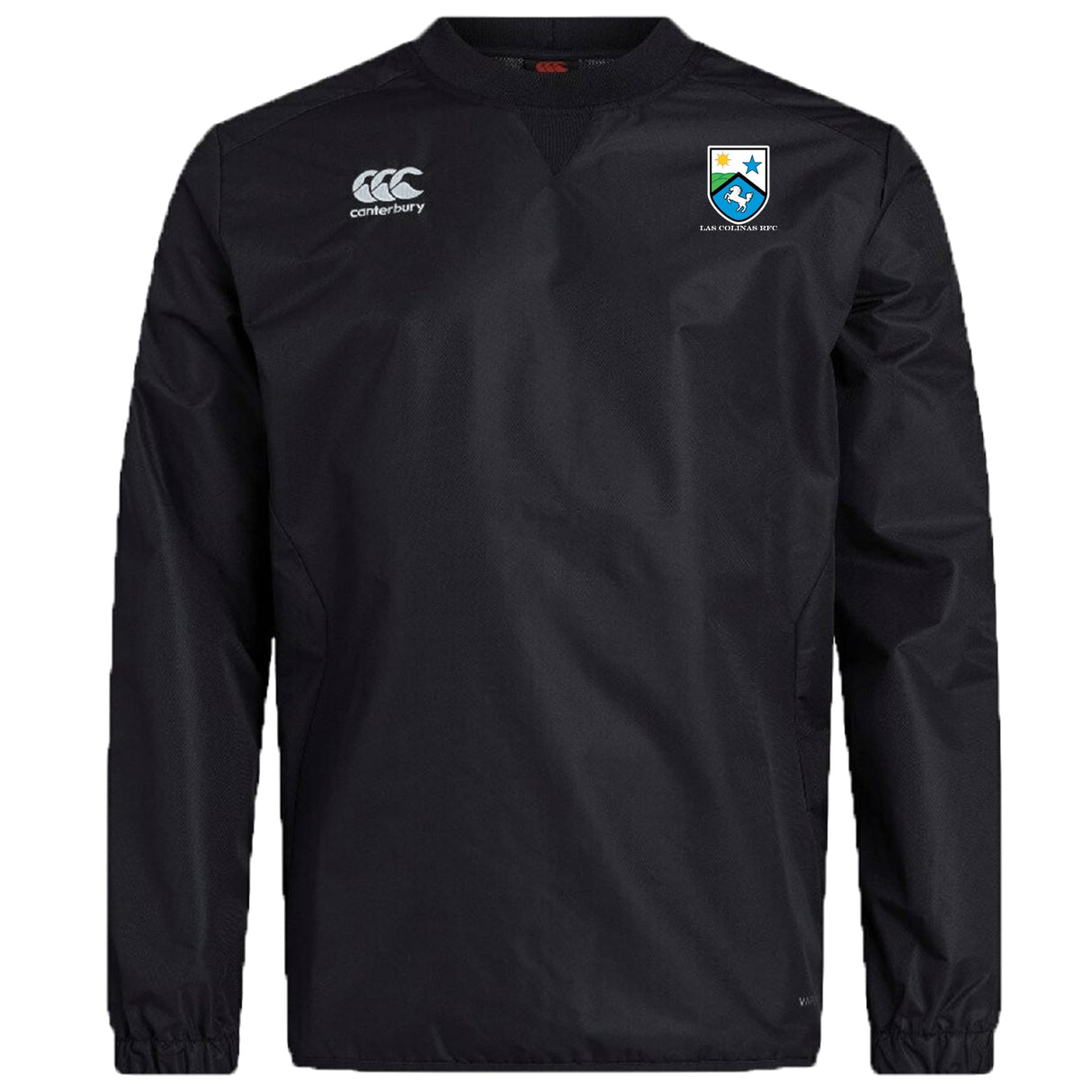 The Las Colinas Rugby Club Vaposhield Contact Top by EMB Canterbury is a black long-sleeve top with Vaposhield technology, featuring a Canterbury logo on the right chest and a shield emblem on the left.