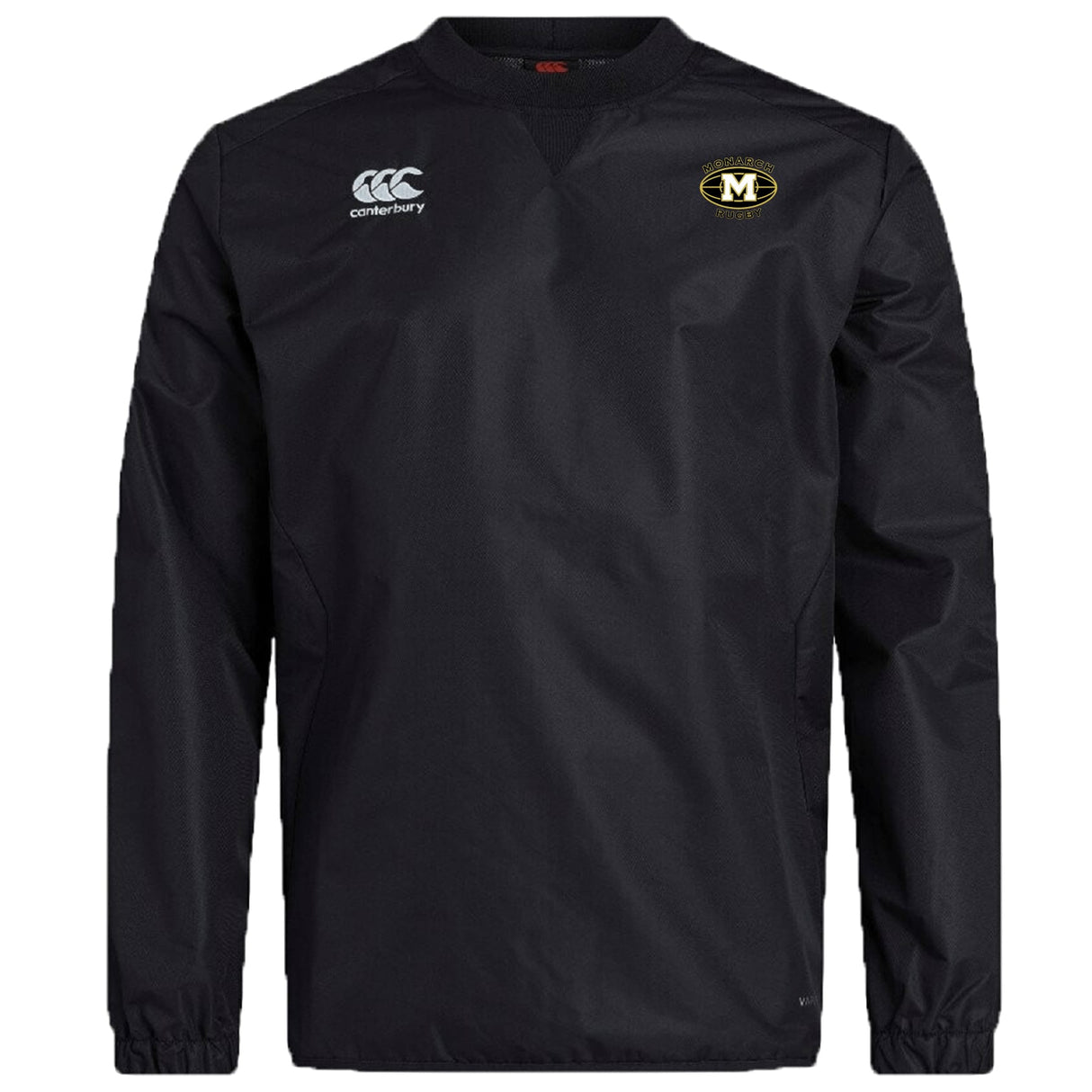 The EMB Canterbury Monarch Rugby Club Vaposhield Contact Top is a black long-sleeve crewneck with Canterbury and "M" logos on the chest, designed without visible fasteners and crafted for comfort using Vaposhield technology.