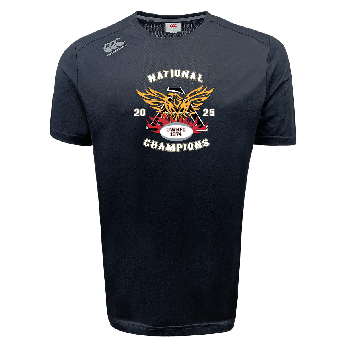 The WRS Canterbury Atlanta Old White Rugby Champs Tempo Vapodri T-Shirt features a gold and red phoenix, “NATIONAL CHAMPIONS 2025,” “OWRFC 1974” on the chest, plus moisture-wicking fabric and a white Canterbury logo on the right shoulder.