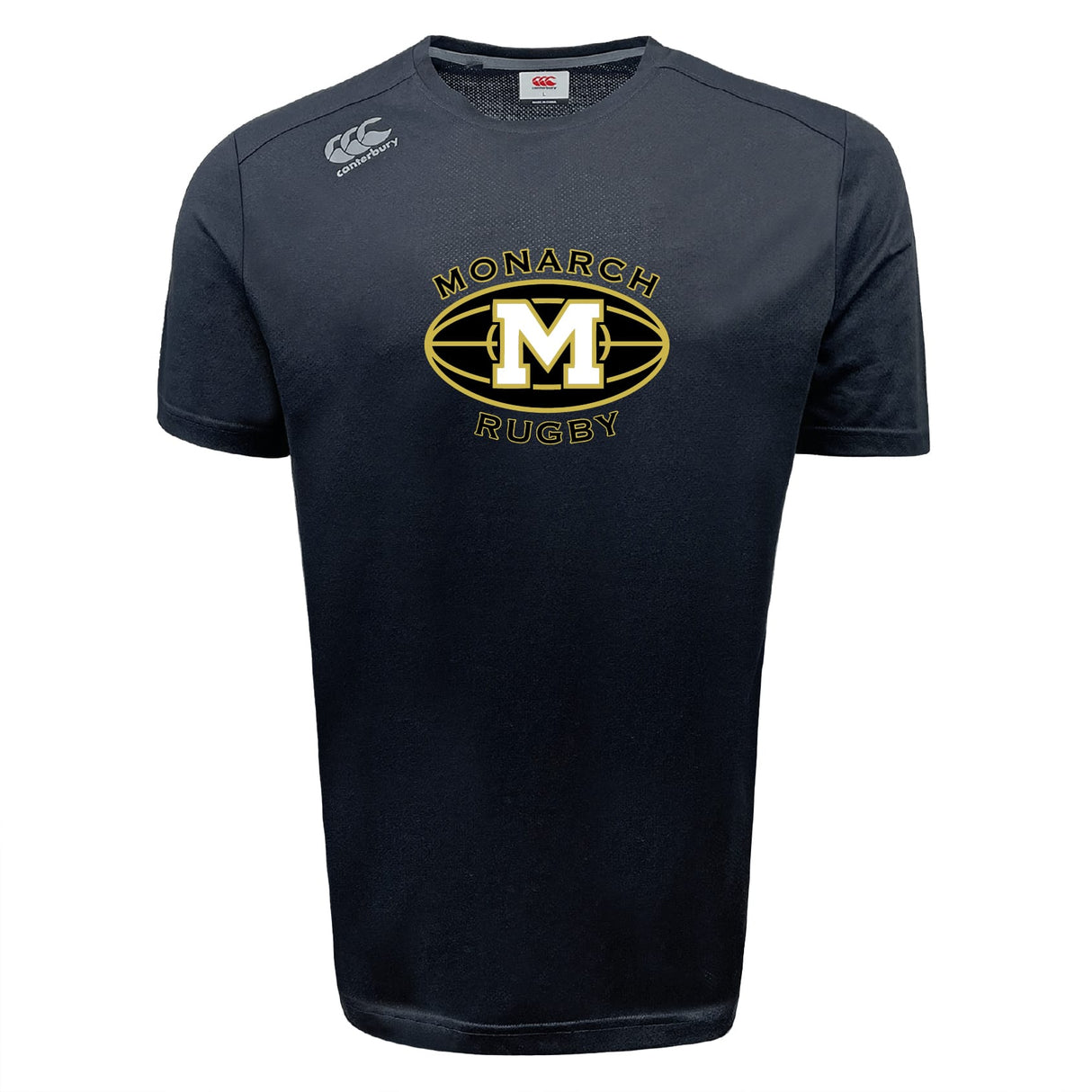 The Monarch Rugby Club Tempo Vapodri T-Shirt by WRS Canterbury is a black short-sleeve athletic tee with moisture-wicking, featuring a gold and white "Monarch Rugby" logo with a large "M" and a small Canterbury logo on the right shoulder.