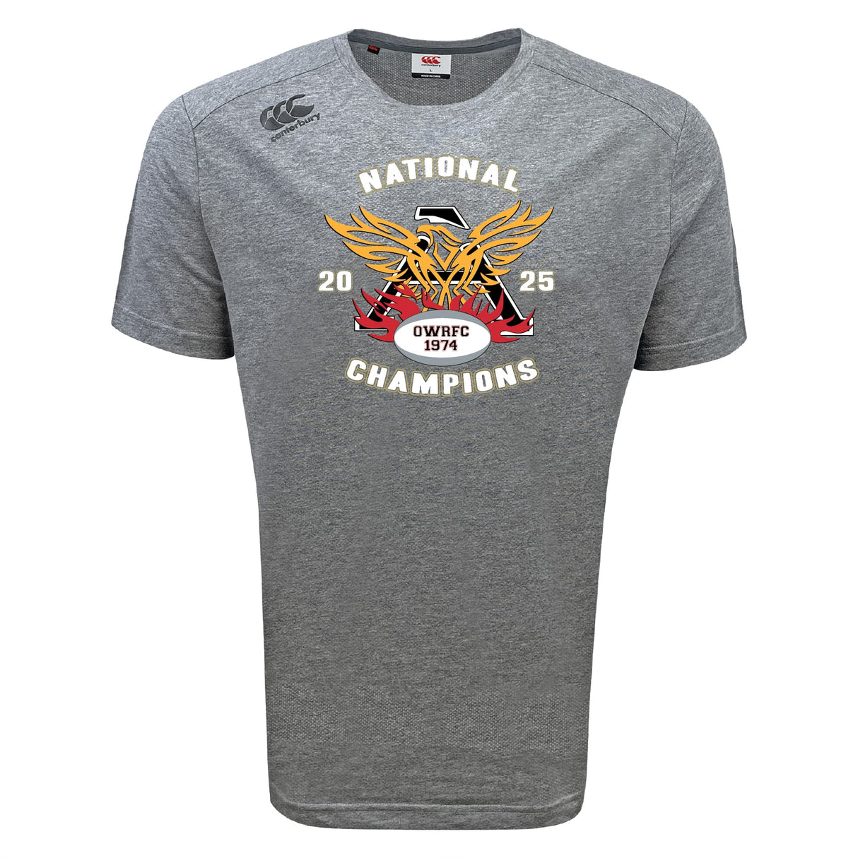Show your team pride and stay cool in the Atlanta Old White Rugby Champs Tempo Vapodri T-Shirt by WRS Canterbury, featuring "National Champions 2025," a flaming rugby ball graphic, and "OWRFC 1974" on moisture-wicking gray fabric.