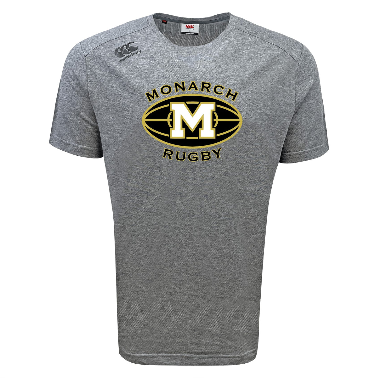 The Monarch Rugby Club Tempo Vapodri T-Shirt by WRS Canterbury is a grey short-sleeve tee with a black and gold "Monarch Rugby" logo and large "M" on the chest, designed for top moisture wicking and athletic performance.