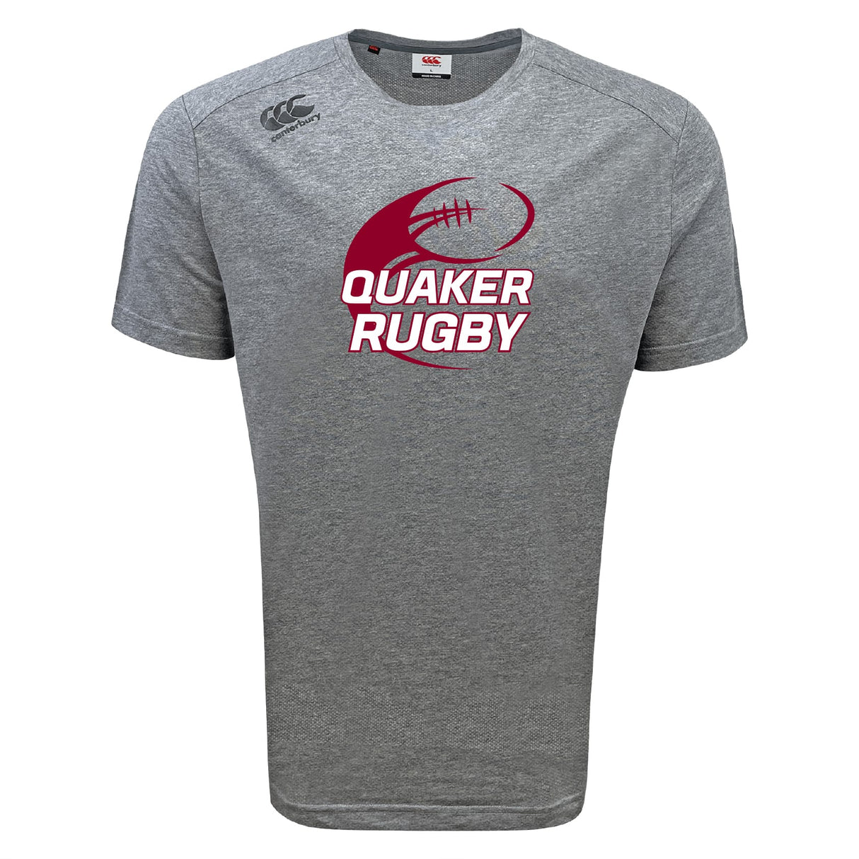 The Guilford College Tempo Vapodri T-Shirt by WRS Canterbury is a gray short-sleeve athletic tee with "Quaker Rugby" in bold maroon and white letters and a rugby ball graphic on the front.