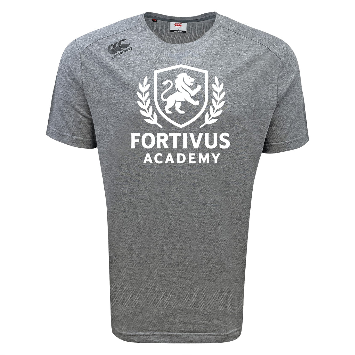 The Fortivus Academy Tempo Vapodri T-Shirt by WRS Canterbury is a gray short-sleeved, moisture-wicking sports tee featuring "Fortivus Academy" and a white lion crest on the front.