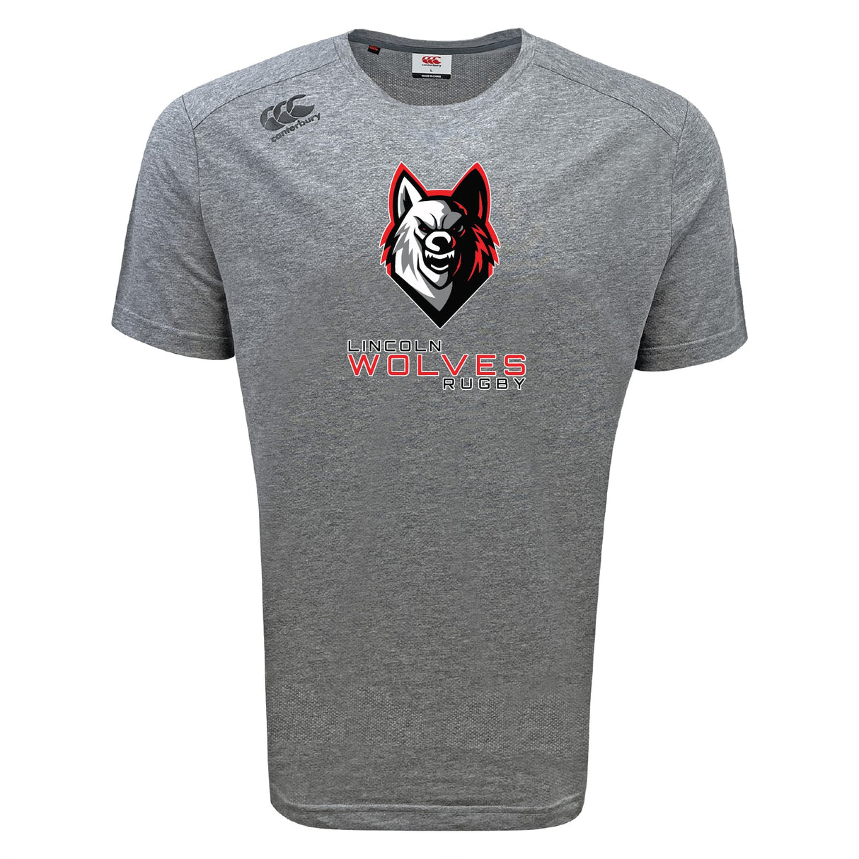 The Lincoln Wolves Tempo Vapodri T-Shirt by WRS Canterbury is a gray short-sleeve athletic tee with a wolf head logo and "Lincoln Wolves Rugby" on the front, plus a small Canterbury logo on the right shoulder for comfort and style.