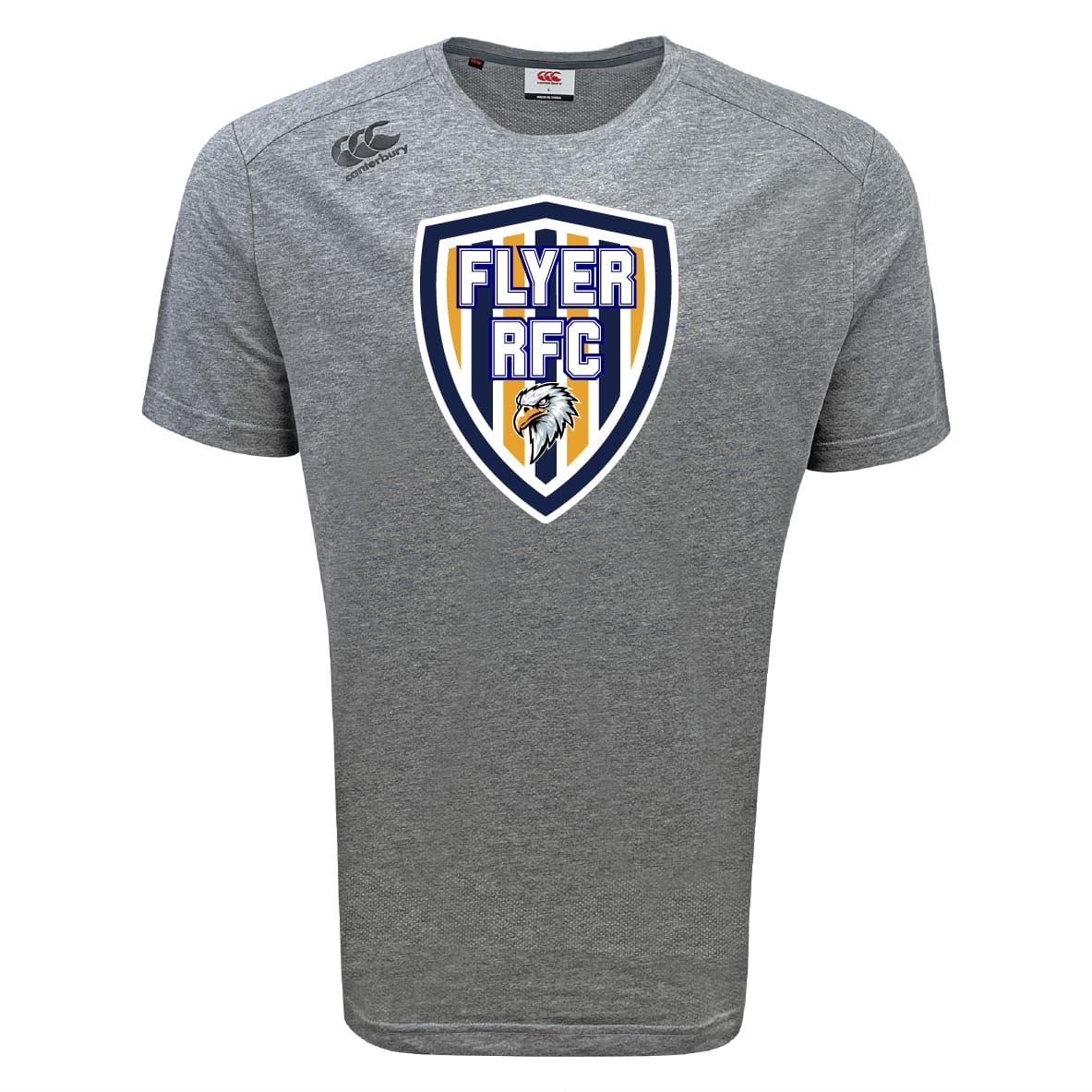 The Franklin County High School Rugby Tempo Vapodri T-Shirt by WRS Canterbury is a grey, short-sleeve tee with a bold “FLYER RFC” eagle logo, designed for athletic performance and all-day comfort with moisture-wicking fabric.
