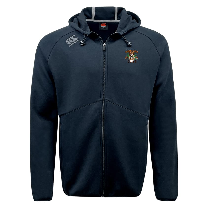 The Verona Area Rugby Tempo Vapodri Full-Zip Hoodie by EMB Canterbury is a black zip-up with moisture-wicking fabric, featuring a small embroidered emblem on the chest and Canterbury branding on the shoulder.