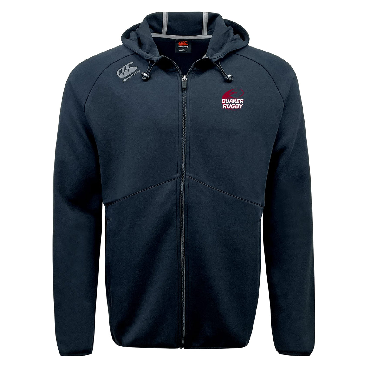 The Guilford College Tempo Vapodri Full-Zip Hoodie by EMB Canterbury is a black hoodie with a hood, featuring the Canterbury logo on the right shoulder and "Quaker Rugby" with a rugby ball graphic on the left chest.