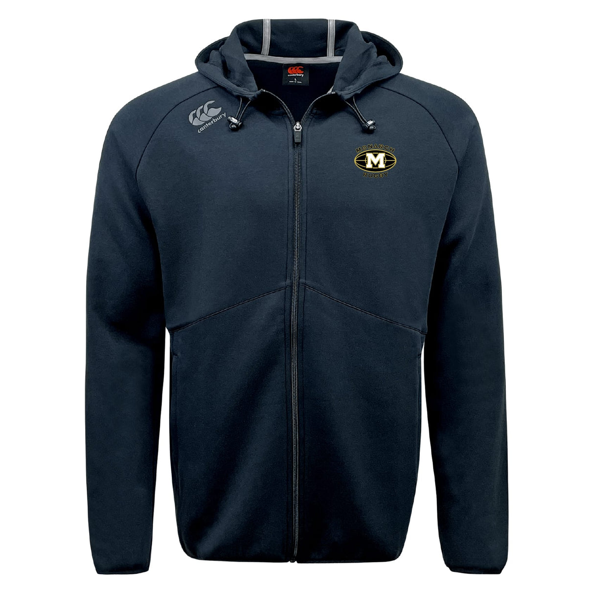 The Monarch Rugby Club Tempo Vapodri Full-Zip Hoodie by EMB Canterbury features a black design with a gold and black "M" chest emblem, white Canterbury logo on the right shoulder, and moisture-wicking fabric for all-day comfort.