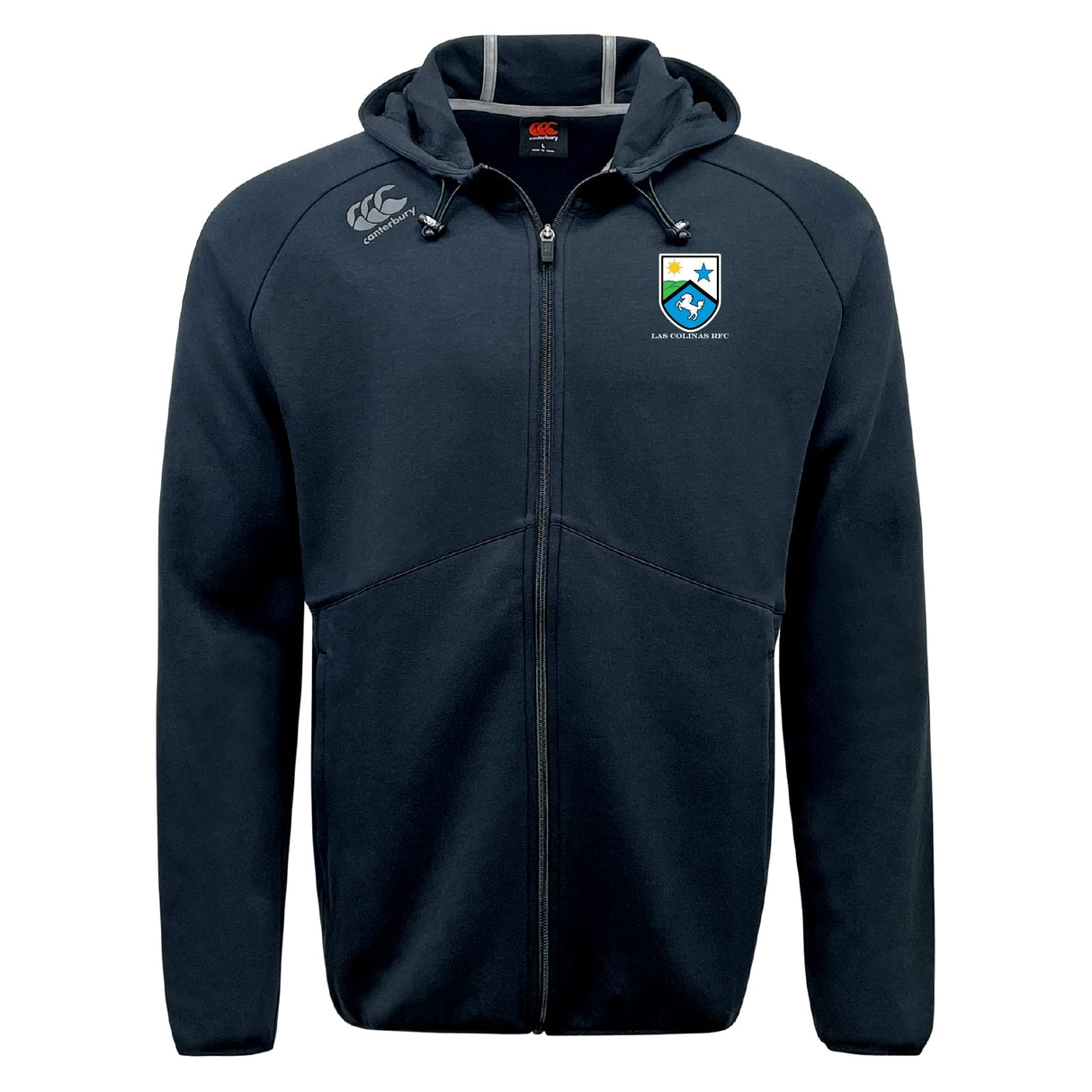 The Las Colinas Rugby Tempo Vapodri Full-Zip Hoodie by EMB Canterbury features a badge logo on the left chest, brand logo on the right shoulder, and moisture-wicking fabric to keep you comfortable and stylish during any activity.