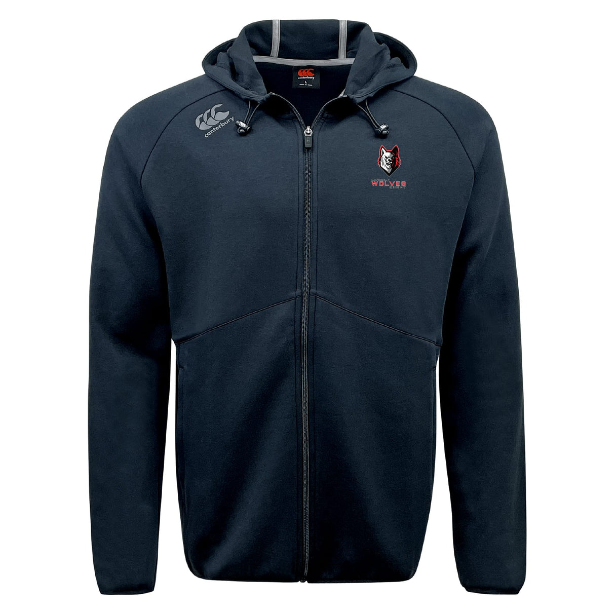 The Lincoln Wolves Tempo Vapodri Full-Zip Hoodie by EMB Canterbury features a black hood, wolf logo and "WOLVES" on the left chest, and a white Canterbury logo on the right shoulder. Its moisture-wicking fabric keeps you comfortable all day.