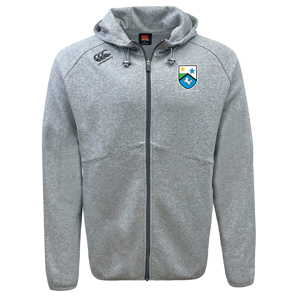 The Las Colinas Rugby Tempo Vapodri Full-Zip Hoodie by EMB Canterbury is a light gray, moisture-wicking hoodie with a hood, drawstrings, and two embroidered chest logos—a crest and a stylized design.