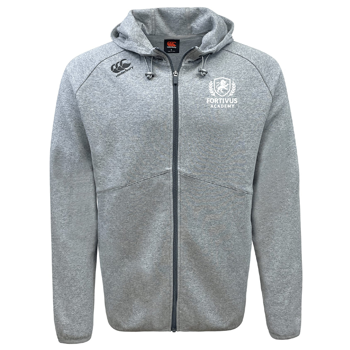 The EMB Canterbury Fortivus Academy Tempo Vapodri Full-Zip Hoodie features a light grey design with hood, drawstrings, and chest logos for Canterbury and Fortivus Academy, offering a modern look with moisture-wicking comfort.