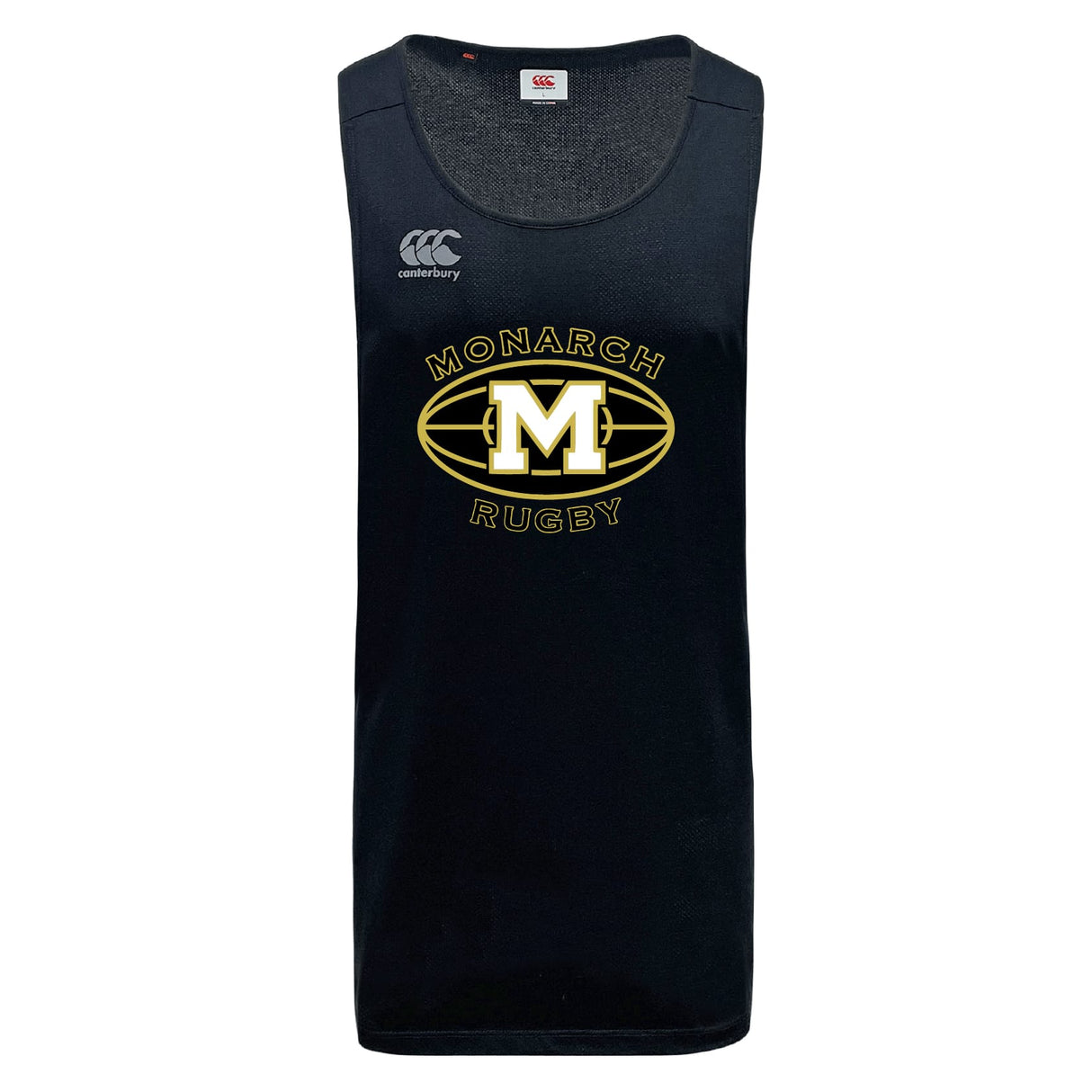 The Monarch Rugby Club Tempo Vapodri Singlet by WRS Canterbury is a navy sleeveless jersey made from recycled polyester, featuring the Monarch Rugby logo and a bold "M" on the front.
