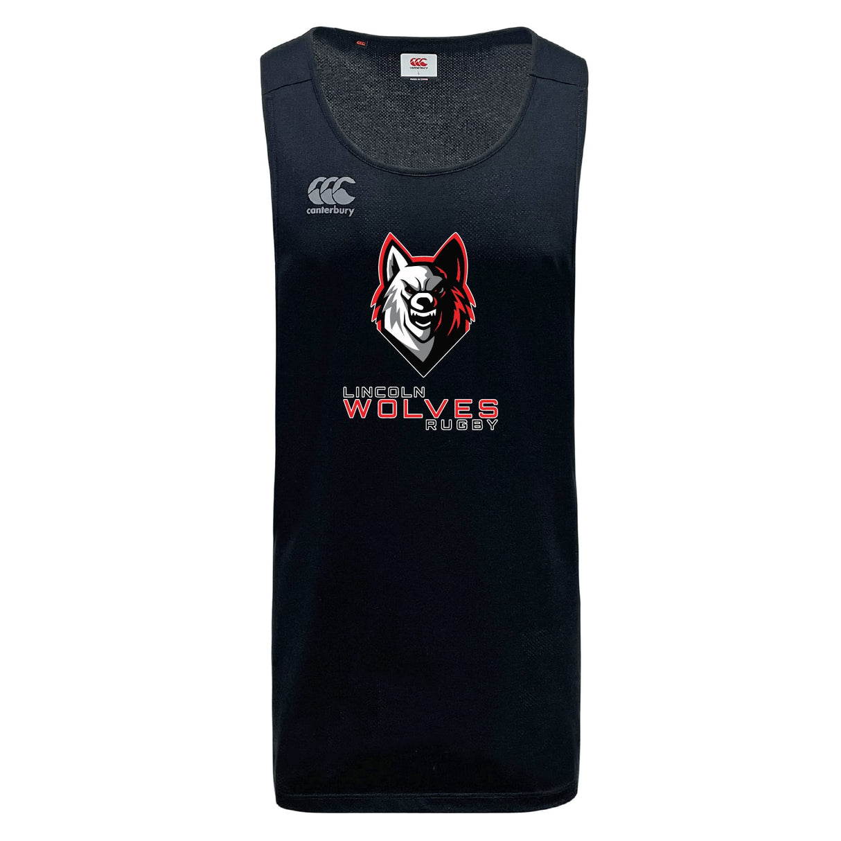 The Lincoln Wolves Tempo Vapodri Singlet by WRS Canterbury is a black singlet with a Canterbury logo and Lincoln Wolves Rugby wolf emblem, made from recycled polyester and VapoDri tech for comfort.
