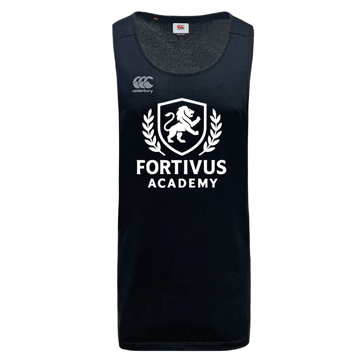 The Fortivus Academy Tempo Vapodri Singlet by WRS Canterbury is a black sleeveless athletic shirt featuring VapoDri tech, the Canterbury logo, and a white Fortivus Academy lion crest on the front.