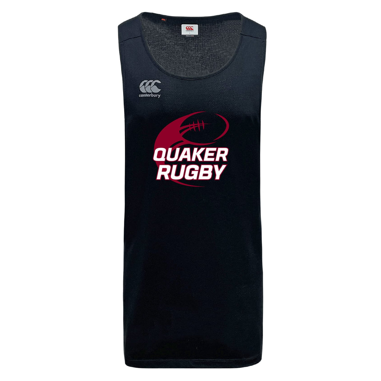 The Guilford College Tempo Vapodri Singlet by WRS Canterbury is a black recycled polyester sleeveless jersey with moisture-wicking technology, featuring the Canterbury logo and "Quaker Rugby" text and graphic in white and red on the front.