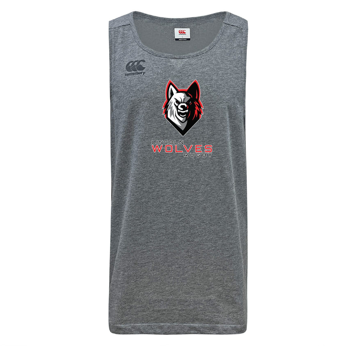The Lincoln Wolves Tempo Vapodri Singlet by WRS Canterbury is a grey sleeveless top with a wolf logo and "Lincoln Wolves Rugby" on the front, made from recycled polyester for comfort and performance.
