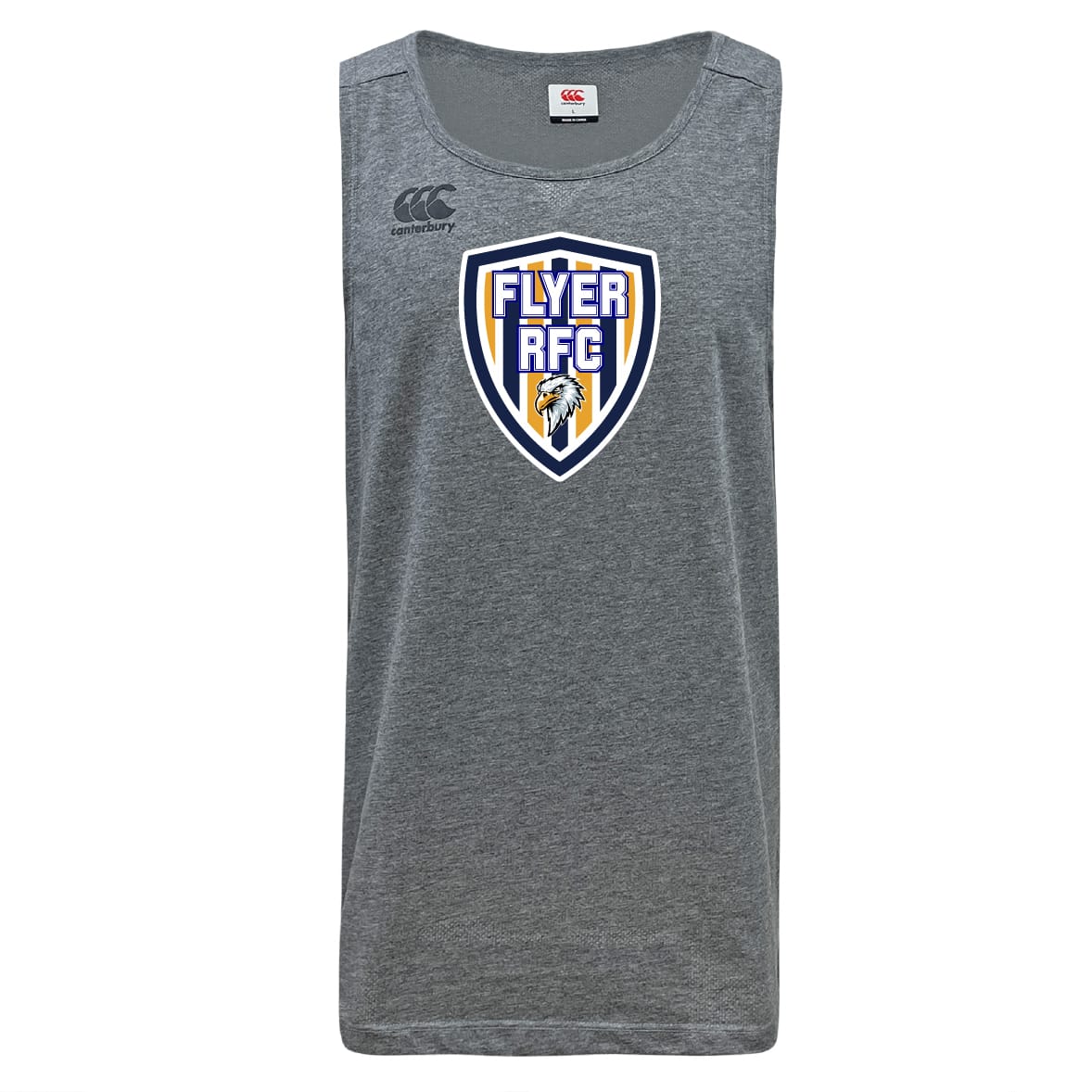 The Franklin County High School Rugby Tempo Vapodri Singlet by WRS Canterbury is a sleeveless gray athletic tank made from recycled polyester, with "FLYER RFC," a lion head on the chest, and a Canterbury logo on the upper left.