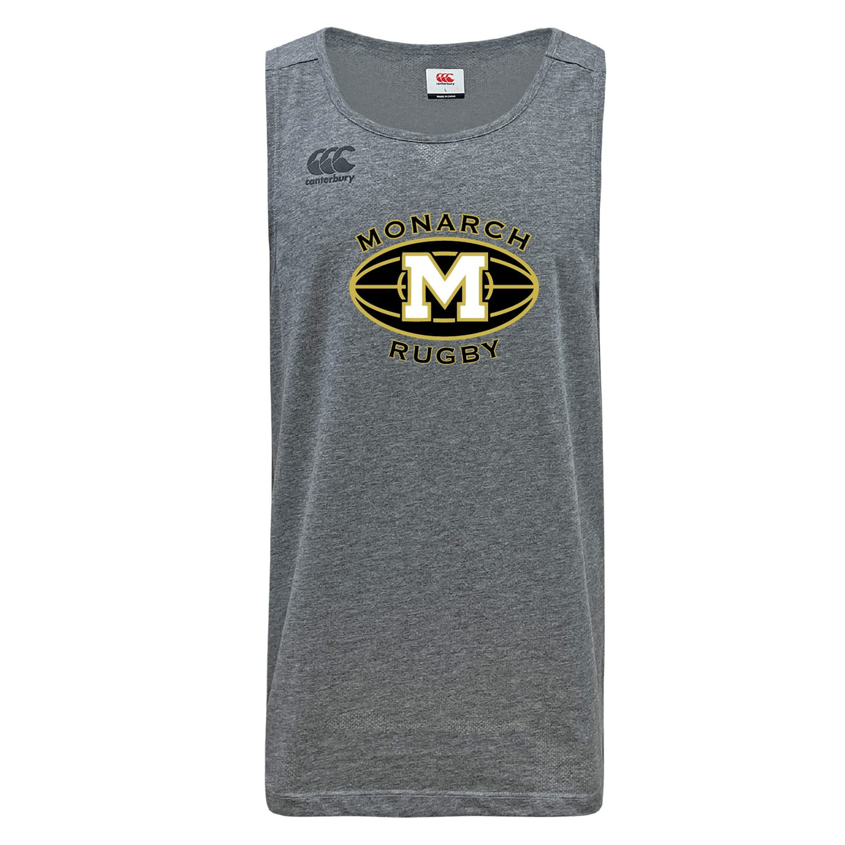 The Monarch Rugby Club Tempo Vapodri Singlet by WRS Canterbury is a gray sleeveless jersey made from recycled polyester, featuring black and gold "Monarch Rugby" details and the Canterbury logo on the front.