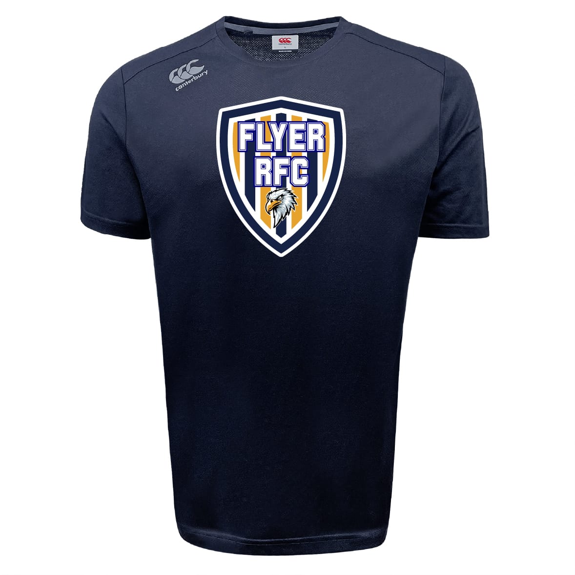 The Franklin County High School Rugby Tempo Vapodri T-Shirt by WRS Canterbury features a large "Flyer RFC" eagle shield on the front and a small Canterbury logo on the right shoulder—an athletic shirt designed for comfort.