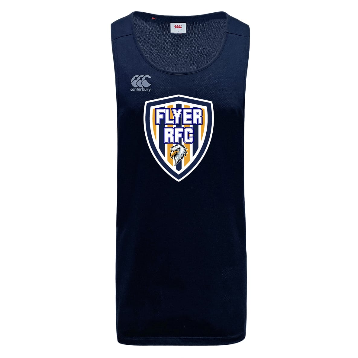 Navy blue sleeveless Franklin County High School Rugby Tempo Vapodri Singlet by WRS Canterbury, featuring a lion head crest and Canterbury logo. Made from recycled polyester in the CCC Tempo Singlet style.