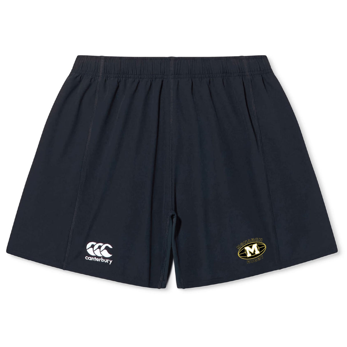 Navy Monarch Rugby Club Yokohama shorts by EMB Canterbury, featuring an elastic waistband, white Canterbury logo on the left leg, and gold/black club logo on the right—durable rugby wear perfect for play.
