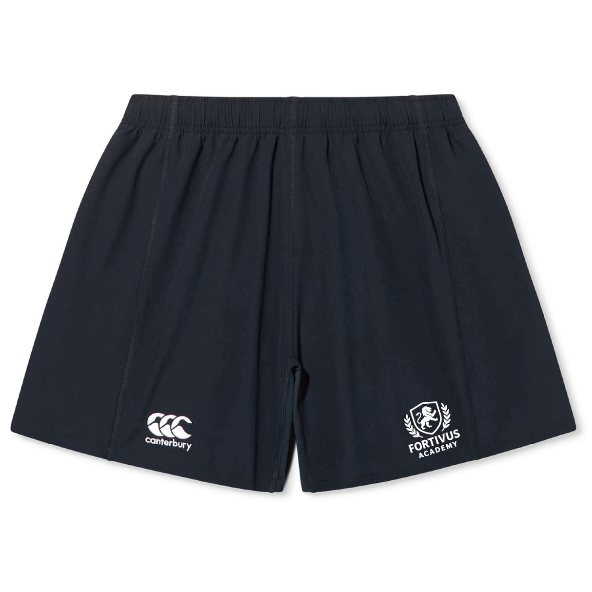 The Fortivus Academy Yokohama Short by EMB Canterbury features navy blue fabric, an elastic waistband, the Canterbury logo on the left leg, and the Fortivus Academy emblem on the right—ideal for training or match day.