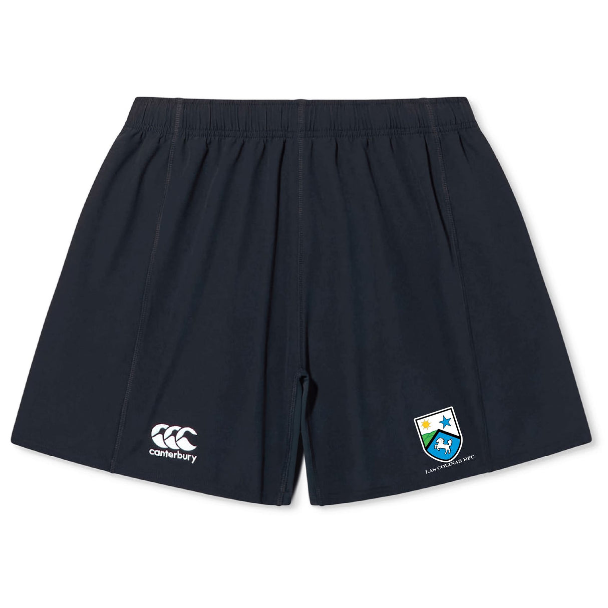 Las Colinas Rugby Yokohama Short by EMB Canterbury in navy blue, featuring an elastic waistband, Canterbury logo, and school crest on the front.
