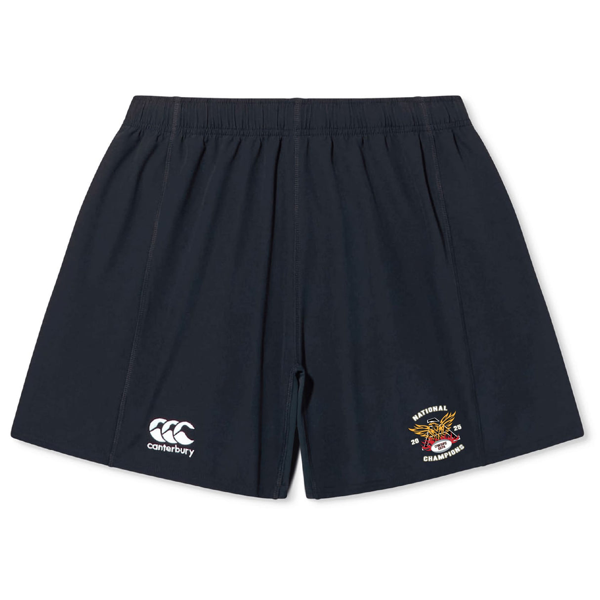 The Atlanta Old White Rugby Champs Yokohama Short by EMB Canterbury features a navy blue classic rugby style, elastic waistband, iconic logo on the left, and "National Champions" emblem on the right leg.