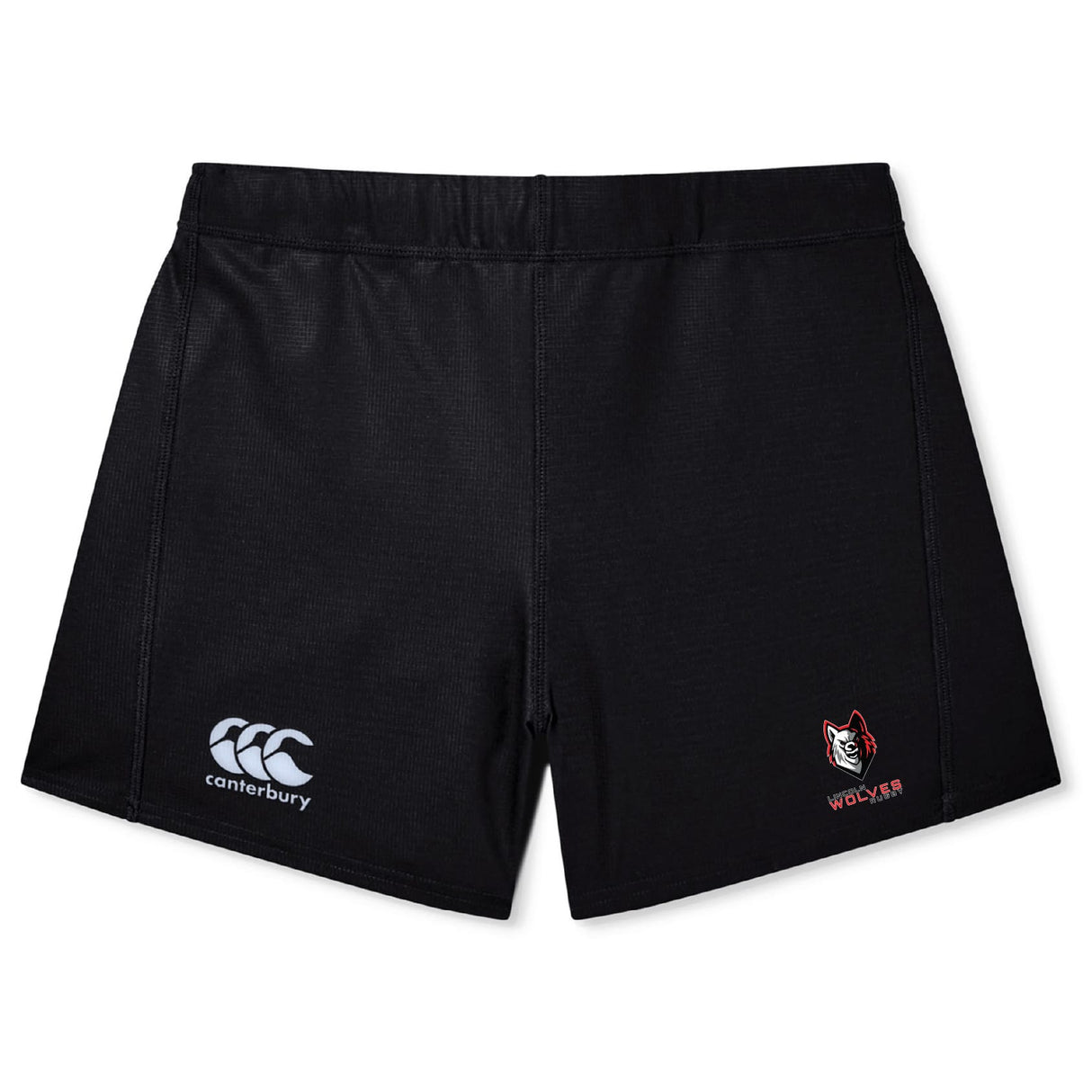 The Lincoln Wolves Women's Yokohama Short by EMB Canterbury is shown laid flat on a white background, featuring a red wolf head "WOLVES" logo and durable Vapodri fabric for comfort and performance.