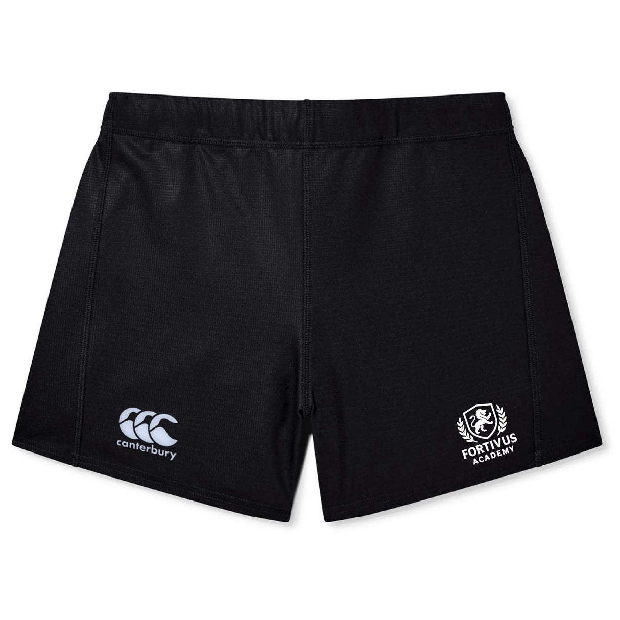 The Fortivus Academy Women's Yokohama Short by EMB Canterbury features the "Canterbury" logo on the left leg and "Fortius Academy" logo on the right, displayed in black on a plain white background.