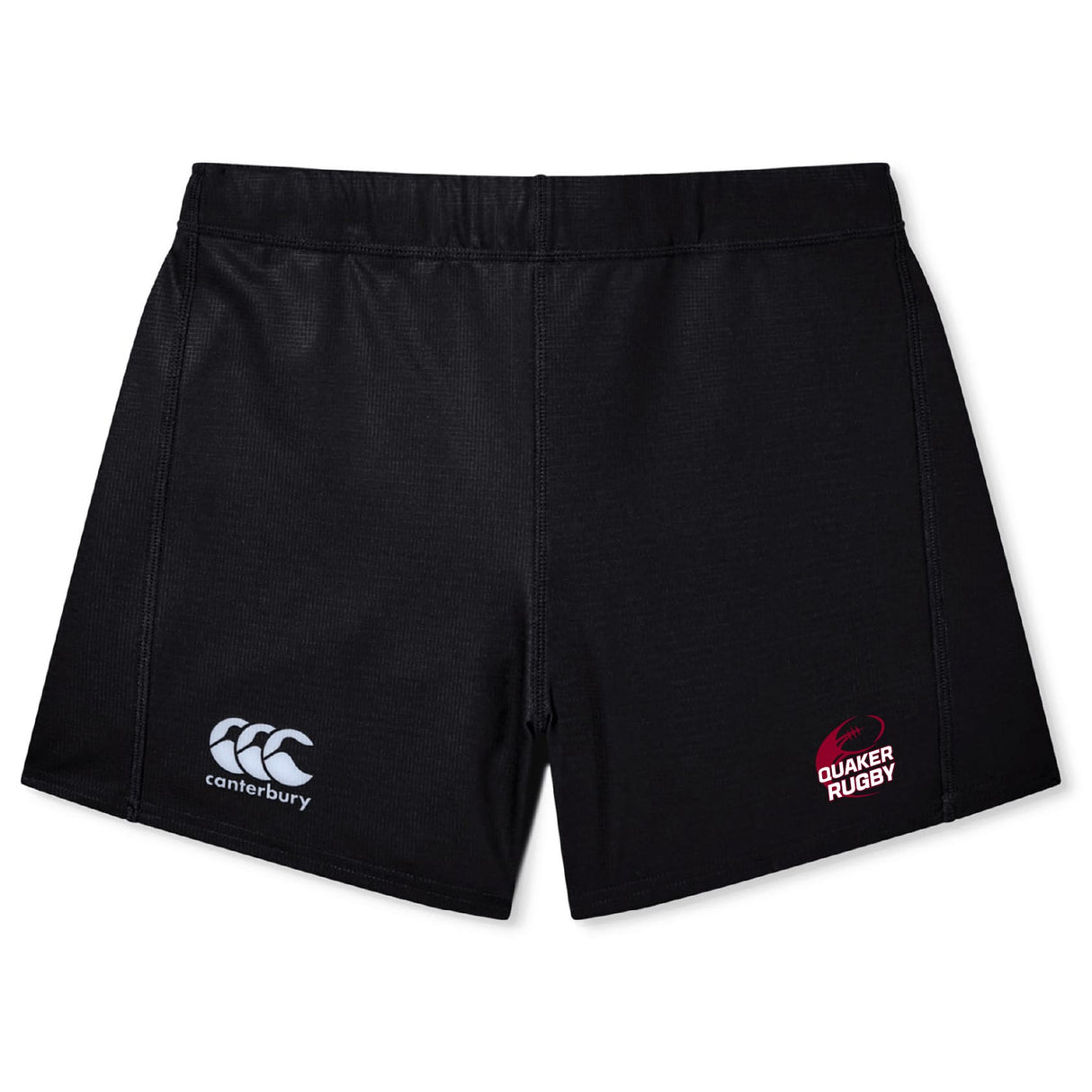 The Guilford College Women's Yokohama Short by EMB Canterbury features the iconic logo on the left leg and Quaker Rugby logo on the right, styled like the classic Yokohama short and shown against a white background.