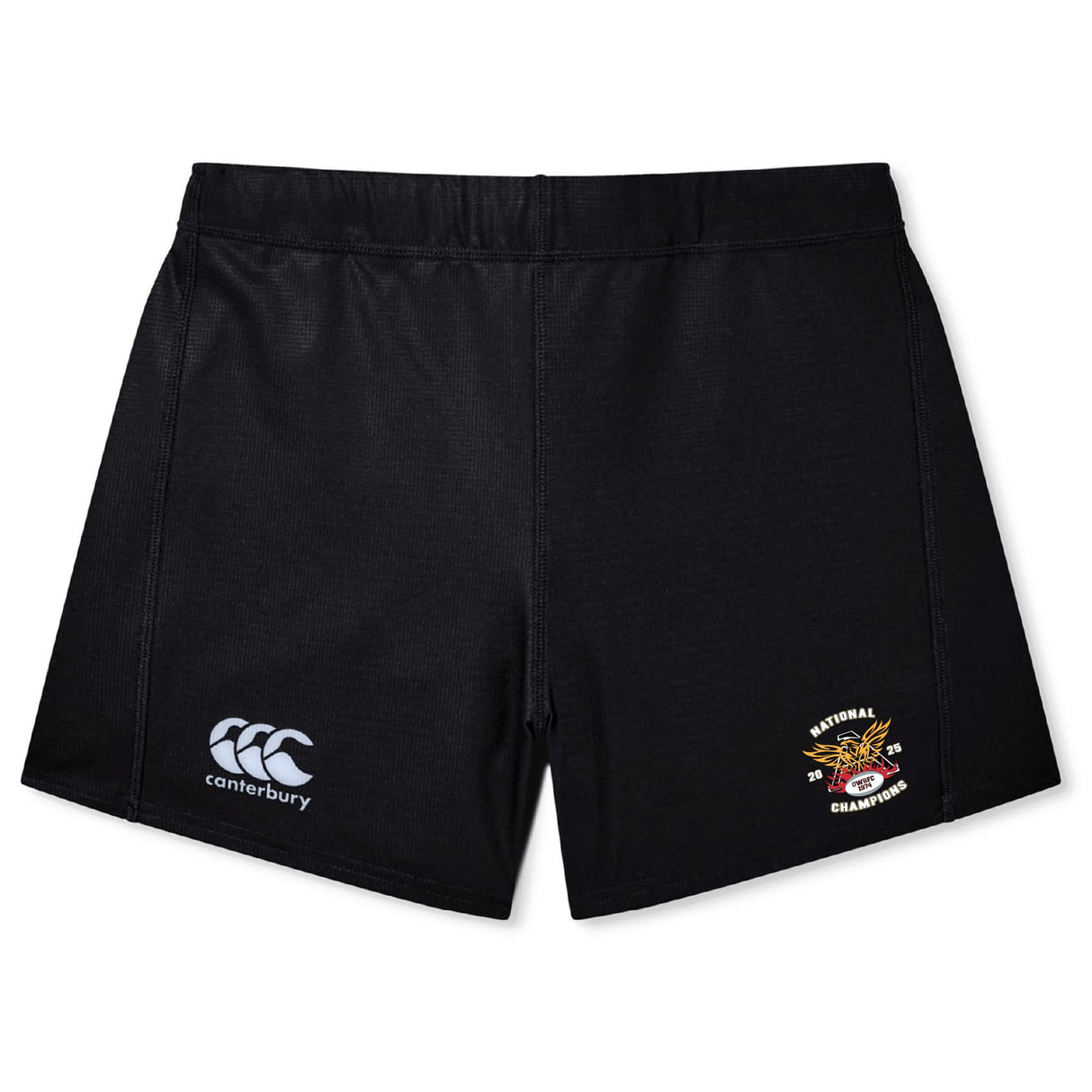 The Atlanta Old White Rugby Champs Women's Yokohama Short by EMB Canterbury features the iconic logo on the left leg and a National Champions tiger emblem on the right—ideal for women's rugby training and matches.