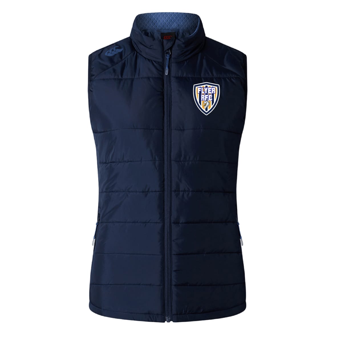 Franklin County High School Rugby Women's Elite Microlite Gilet by EMB Canterbury: navy blue, sleeveless, zip-up front for warmth and style, featuring a "Flyer Fire" logo on the left chest.
