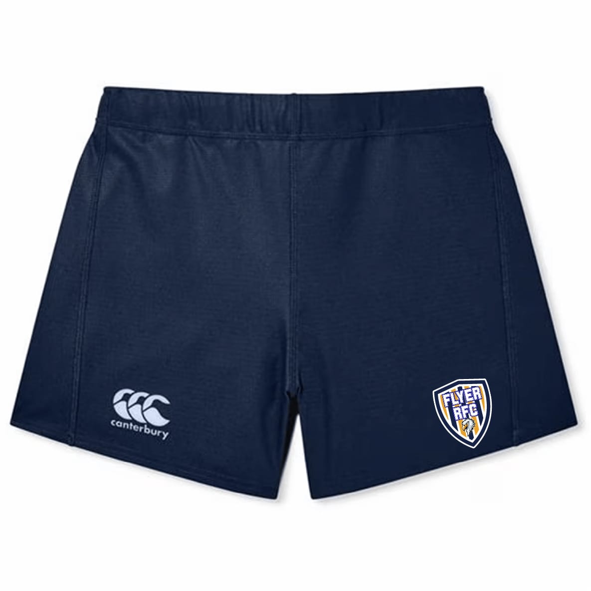 The Franklin County High School Rugby Women's Elite Woven Short by EMB Canterbury is navy blue with zippered pockets, a white Canterbury logo on the left leg, and a Flyer RFC shield logo on the right leg.