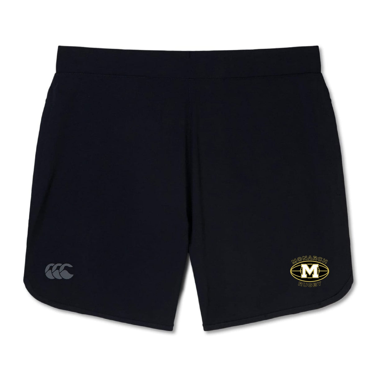 The Monarch Rugby Club Women's Elite Woven Short by EMB Canterbury features a white Canterbury logo on the left leg and a Morgan Rugby club logo on the right—perfect gym shorts for women seeking performance and style.