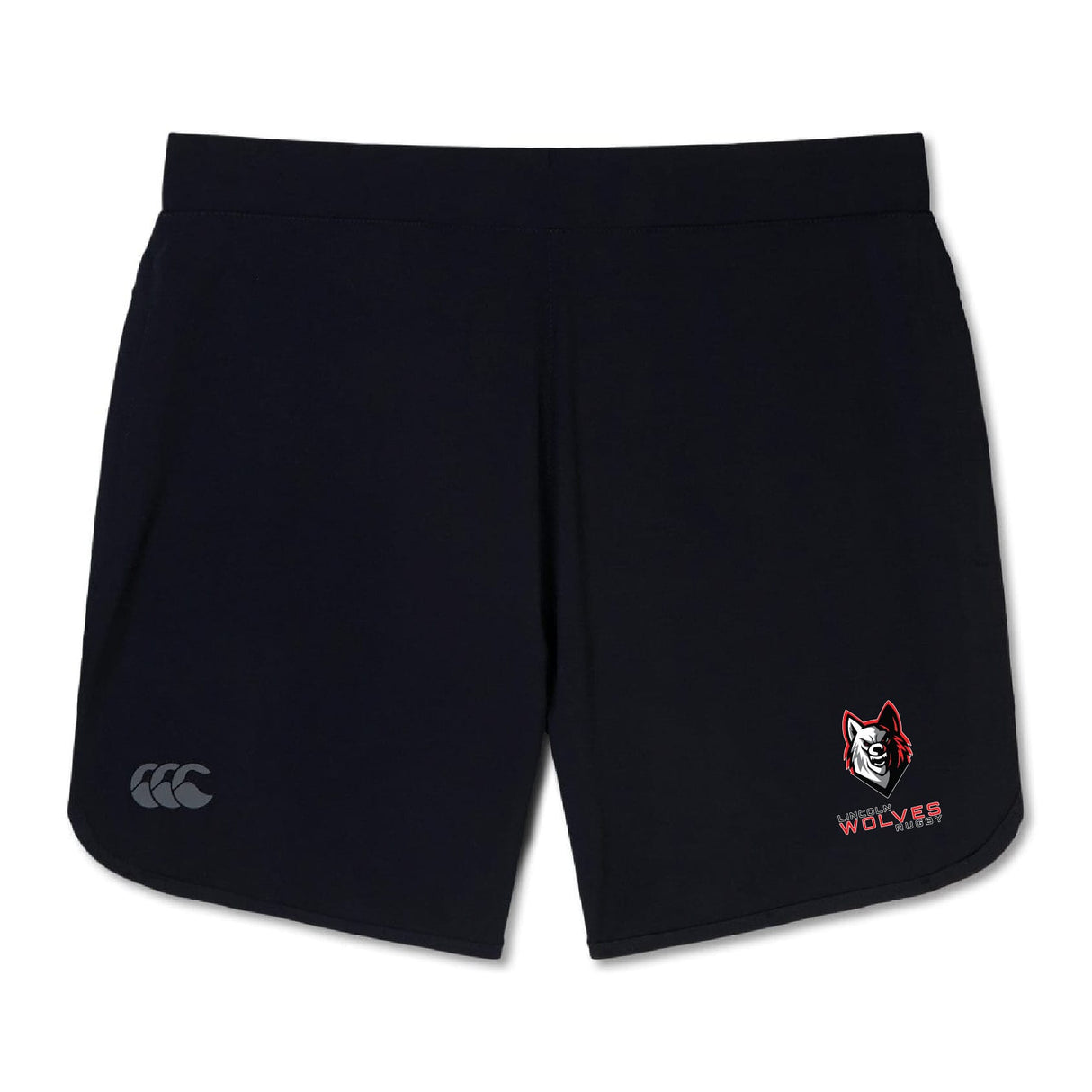 The Lincoln Wolves Elite Woven Short by EMB Canterbury features a small white and red wolf logo with "Wolves Rugby" on the right leg, a grey logo on the left, plus zippered pockets—ideal for training.
