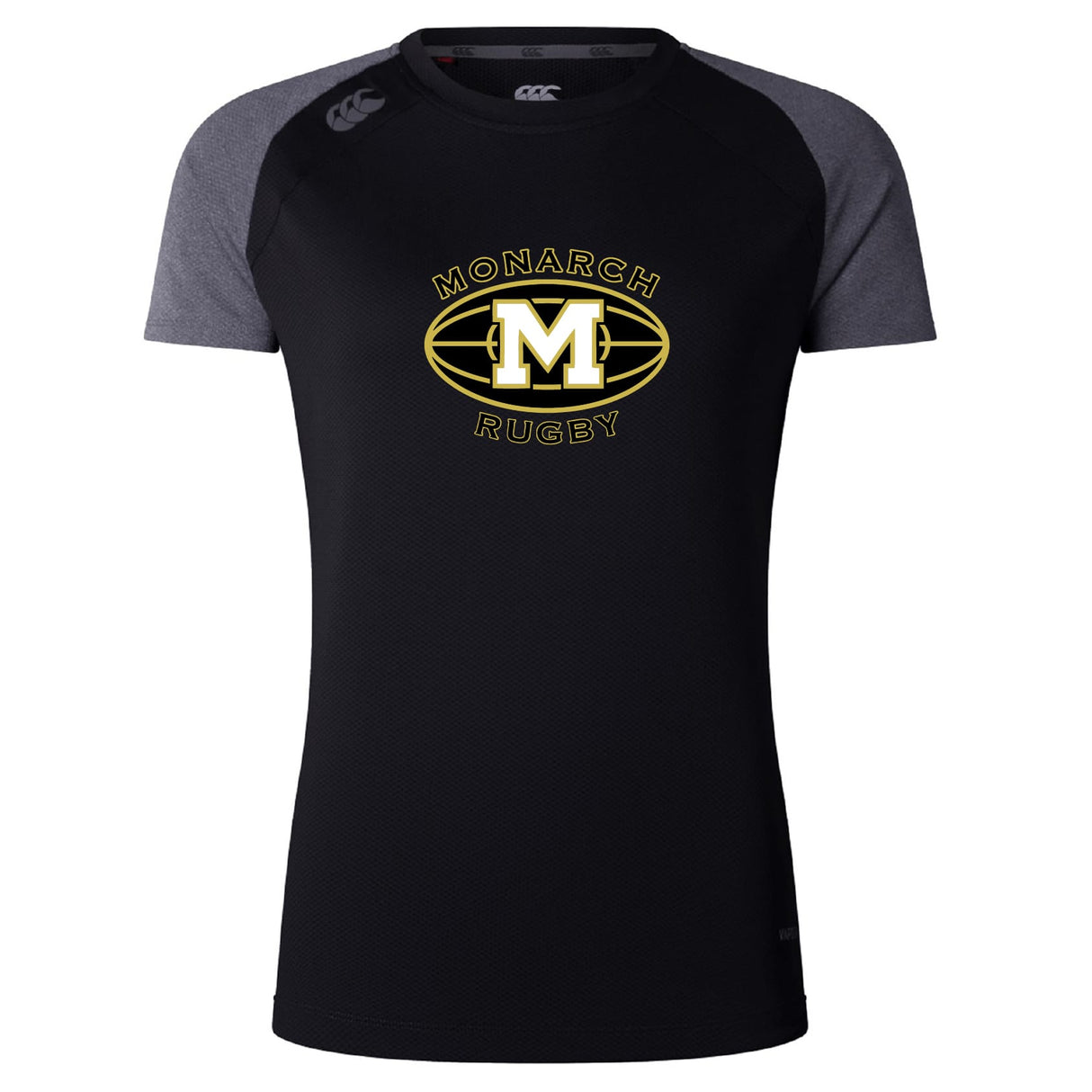 The Monarch Rugby Club Women's Elite Training Tee by WRS Canterbury features a black and gray design with "Monarch Rugby" and a gold "M" logo—perfect for women’s intense training sessions.