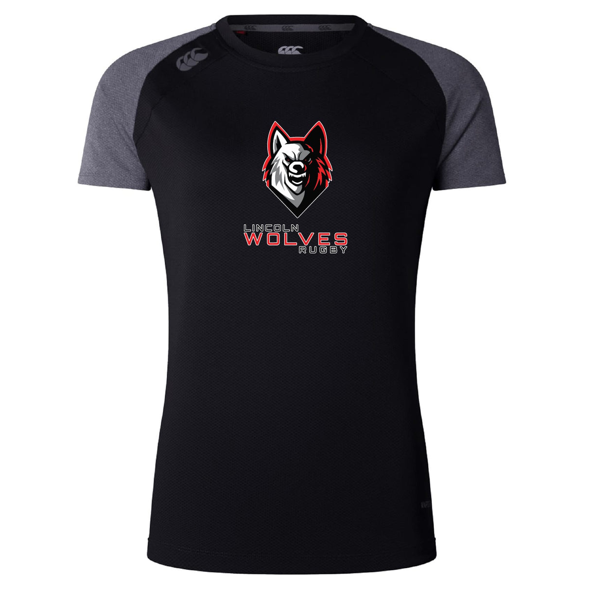 The Lincoln Wolves Women's Elite Training Tee by WRS Canterbury is a black, lightweight shirt with dark gray sleeves, a wolf head logo, and "Lincoln Wolves Rugby" on the front—ideal as a moisture-wicking top for practice or game days.