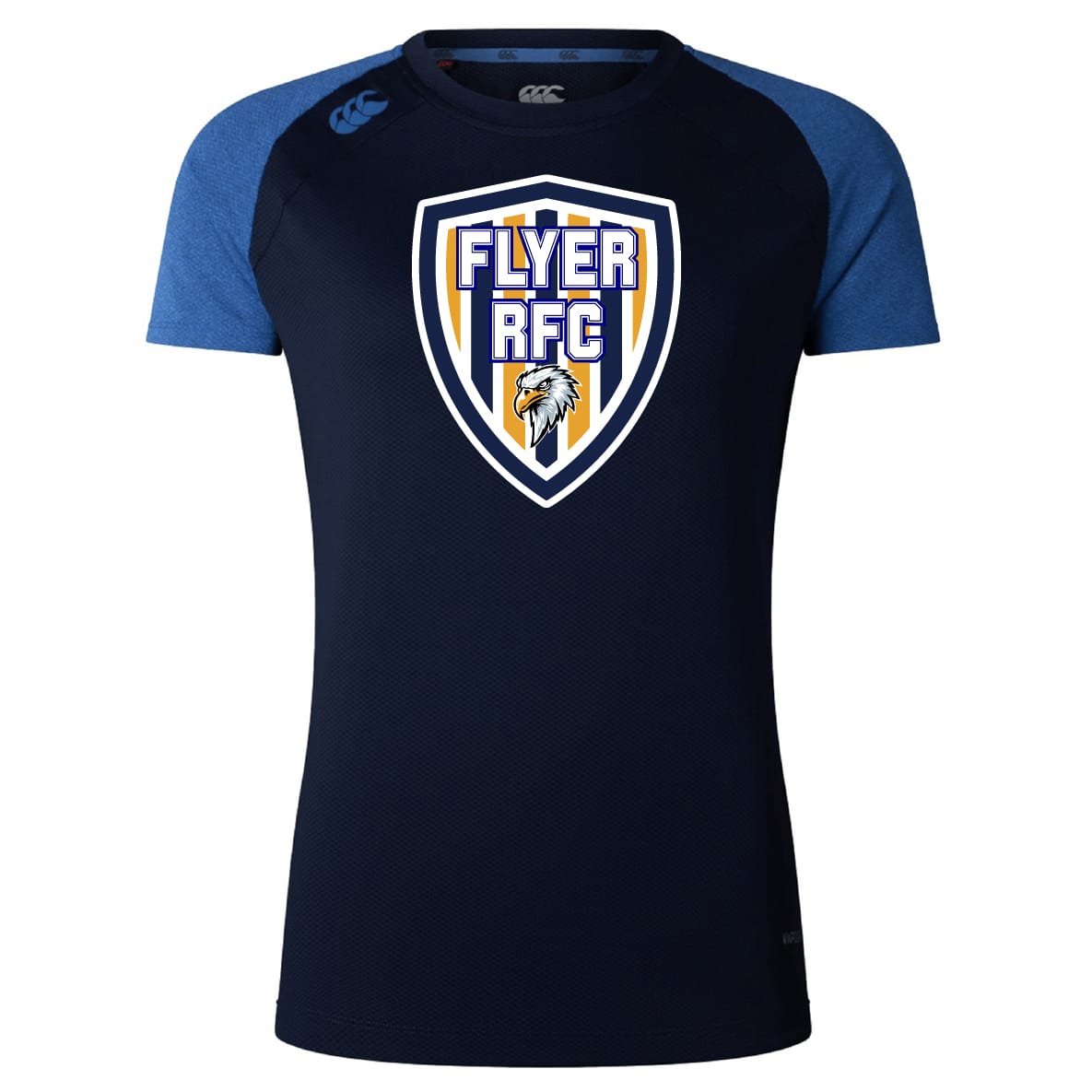 The Franklin County High School Rugby Women's Elite Training Tee by WRS Canterbury is a navy and blue short-sleeve shirt with a bold "Flyer RFC" eagle crest on the front, offering moisture-wicking for high-performance comfort.